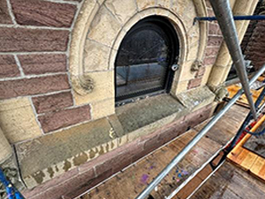 View of stone belt repointing work during renovation of the Perry County Courthouse in New Lexington, Ohio.