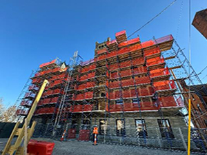 View of the north elevation scaffolding in place during renovation of the Perry County Courthouse.