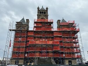 Exterior view of the East Elevation scaffolding on the Perry County Ohio Courthouse under reconstruction.