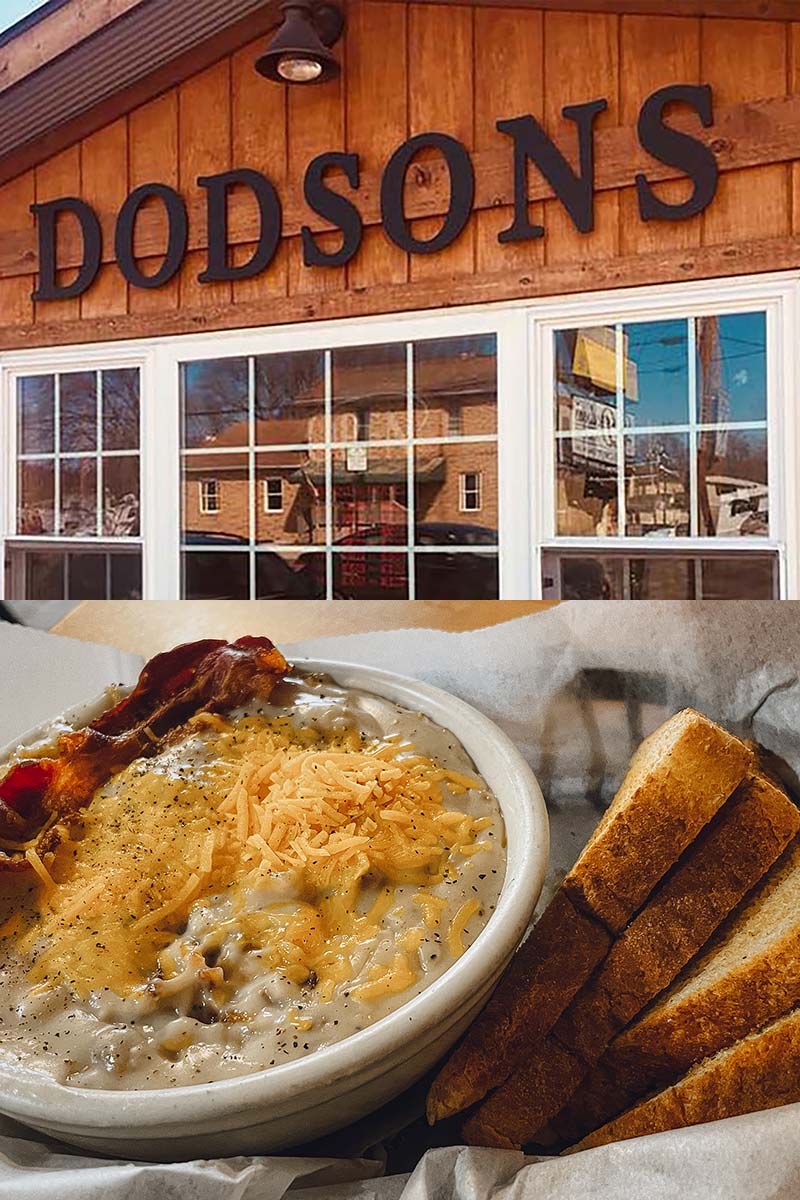 Dodson's On Broadway exterior with photo of their famous breakfast skillet.