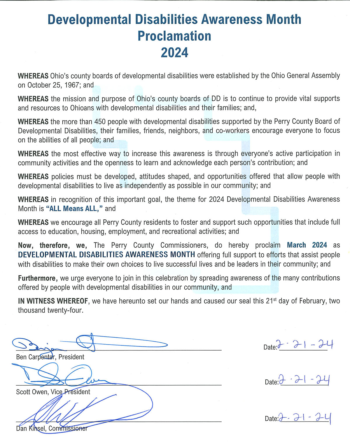 Scan of the official proclamation declaring March 2024 Developmental Disabilities Month in Perry County.