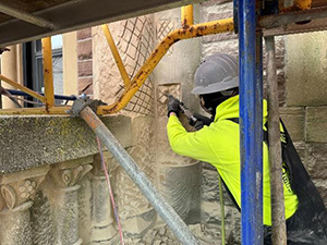 East Elevation stone patch prepping at the Perry County Courthouse