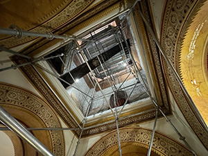 View upward showing the interior bell tower scaffolding in the Perry County Courthouse.